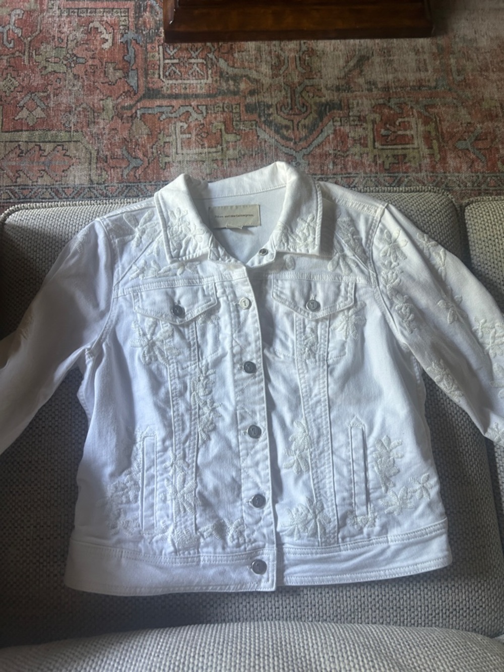 Anthropologie White Embroidered Denim Jacket